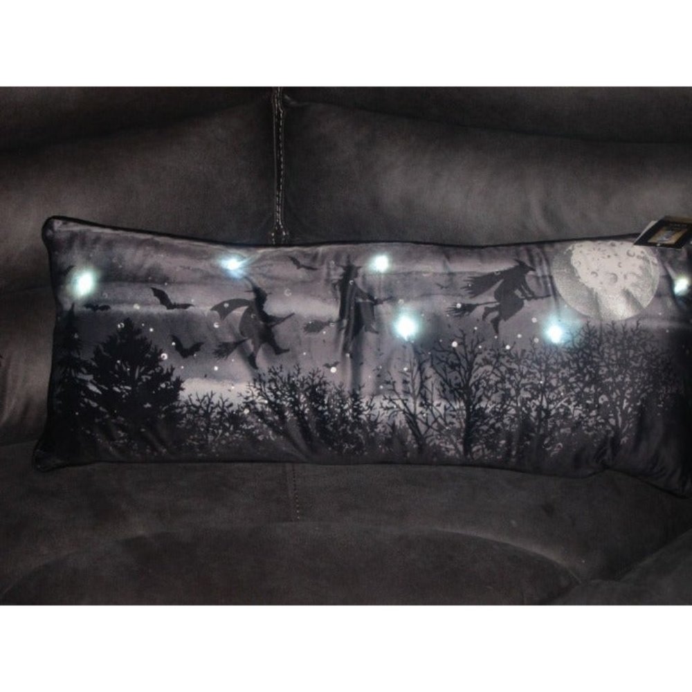 Cynthia Rowley Curious Halloween LIGHT UP Flying Witches Pillow Silver S…